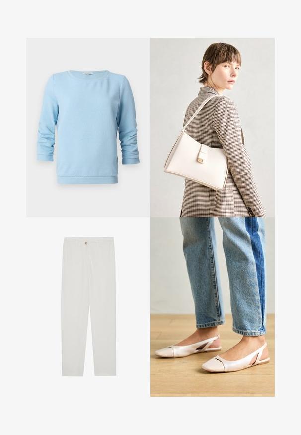 Light blue textured knit sweater with long sleeves, crew neckline, and ribbed cuffs and hem. The design features a subtle honeycomb pattern.; White, tailored trousers with a straight leg design, featuring a button closure, belt loops, and side pockets; smooth fabric texture.; Pale pink slingback flats with a pointed toe, made from a smooth leather-like material. Features cut-out details at the sides and a flat heel.; White leather handbag with a structured design, featuring a magnetic clasp and a shoulder strap, showcased against a neutral background.