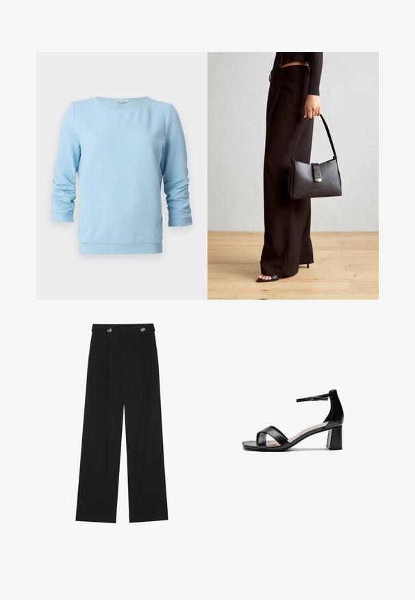 Lyseblå teksturert strikkegenser med lange ermer, rund hals og ribbestrikkede mansjetter og kant. Designet har et subtilt bikubemønster.; Svart vide bukser med høy midje, knappdetaljer på midjebåndet og frontplisser.; Sorte åpen tå hælsandal med kryssede stropper, justerbar ankelstropp og kraftig hæl, med en jevn lærtekstur.; Svart håndveske med strukturert form, jevn tekstur og metallisk lås. Kombinert med brede svarte bukser og sandaler med åpen tå på tregulv.