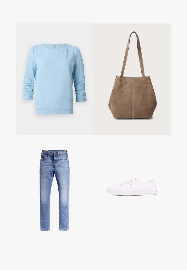 Jasnoniebieski sweter z dzianiny o fakturze, z długimi rękawami, okrągłym dekoltem i prążkowanymi mankietami oraz dołem. Projekt zawiera subtelny wzór w kratkę przypominającą plaster miodu.; Jasnoniebieskie dżinsy z prostymi nogawkami, pięcioma kieszeniami i kontrastowym przeszyciem. Materiał wydaje się lekko postrzępiony.; Białe płócienne sneakersy z złotymi oczkami, płaskimi sznurowadłami, teksturowaną gumową podeszwą i minimalnym logo po bokach. Niska sylwetka.; Brązowa torebka tote z zamszu z dwiema długimi rączkami, pionowym szwem z przodu i miękką fakturą. Przestronny design odpowiedni do codziennego użytku.