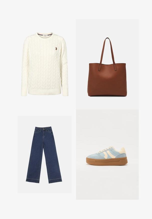Cremefarbener Pullover mit Zopfmuster, Rundhalsausschnitt und gerippten Bündchen. Verfügt über ein kleines, gesticktes Logo auf der linken Brust.; Weite Jeans in dunkelblauem Denim. Verfügt über fünf Taschen, Gürtelschlaufen und einen rohen Saum am unteren Ende mit sichtbaren Nahtdetails.; Hellblaue Sneaker mit einer glatten Wildleder-Oberfläche, versehen mit beigen Akzenten und zwei diagonalen Streifen. Dicke braune Gummisohle für zusätzlichen Halt.; Braune Leder-Tote mit glatter Textur, offenem Oberteil und zwei Schulterriemen. Verfügt über minimale Nähte und keine sichtbaren Beschläge.