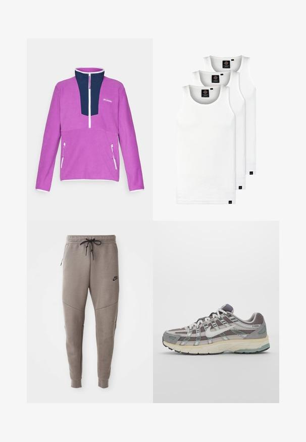 Purple fleece pullover with a navy blue quarter-zip collar, white zipper detail, and a front pocket with a zip closure.; Three white ribbed tank tops made of cotton. Features a crew neck and small black labels near the hem. Available in multiple sizes.; Gray Nike sweatpants with a drawstring waistband, tapered legs, side pockets, and distinct seam detailing. Soft, textured fabric.; Gray athletic shoe featuring a mesh and suede upper, white accents, a cushioned sole, and a distinctive design with reflective elements.