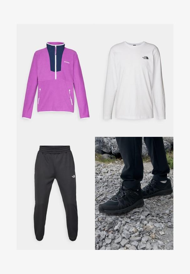 Lila Fleece-Pullover mit einem marineblauen Viertelreißverschluss-Kragen, weißen Reißverschlussdetails und einer Vordertasche mit Reißverschluss.; Weißes langärmliges T-Shirt aus Baumwolle mit Rundhalsausschnitt. Verfügt über ein kleines schwarzes Logo auf der Brust. Glatte Textur, reguläre Passform.; Schwarze Jogginghose mit verstellbarem Bund, schlanker Passform, elastischen Bündchen und einem kleinen weißen Logo am linken Oberschenkel, hergestellt aus glattem Stoff.; Schwarze Outdoor-Schuhe aus Mesh und synthetischem Material, mit einer strukturierten Oberseite, gesichertem Schnürsystem und griffiger Laufsohle, auf felsigem Gelände.
