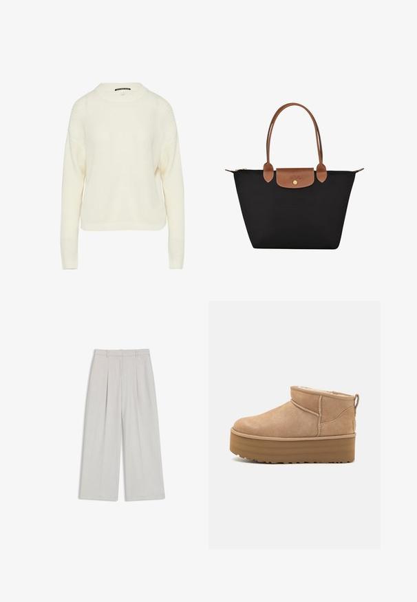 Cream-colored knit sweater with a round neckline, dropped shoulders, and ribbed texture. Features long sleeves and a straight cut.; Light gray wide-leg trousers with front pleats, tailored waistband, and clean hem. Made from a smooth, lightweight fabric.; Beige suede ankle boots with a plush interior, featuring a platform sole and a pull tab at the back for easy wear. Textured rubber outsole.; Black nylon tote bag with brown leather accents and handles. Features a snap closure and a front pocket with a logo detail.