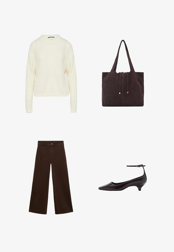 Cream-colored knit sweater with a round neckline, dropped shoulders, and ribbed texture. Features long sleeves and a straight cut.; Brown wide-leg trousers in cotton blend, featuring a frayed hem, front button closure, and classic five-pocket design. Minimalistic and versatile.; Dark brown pointed-toe leather kitten heel shoe with a thin ankle strap and a small gold buckle.; Mango Tote bag - dark brown