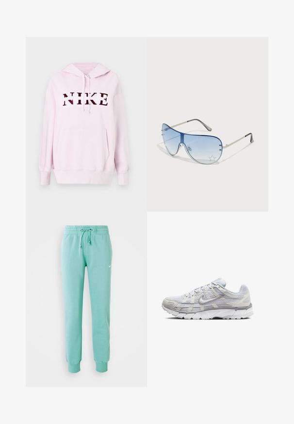 Růžová mikina s klokankou a kapucí se stahovací šňůrkou. Na přední straně se nachází výrazné tmavě červené logo "NIKE". Měkká tkanina.; Mátově zelené tepláky s elastickým pasem, stahovací šňůrkou a žebrovanými manžetami. Obsahují malé bílé logo Nike na levém stehně.; Světle šedé sportovní boty s vrchní částí z síťoviny a syntetického materiálu, vybavené šněrováním, polstrovaným límcem a texturovanou podrážkou pro lepší přilnavost.; Pilotské sluneční brýle s modrými gradientními skly, stříbrným kovovým rámem a dekorativními hvězdnými akcenty na sklech. Hladký a elegantní design.