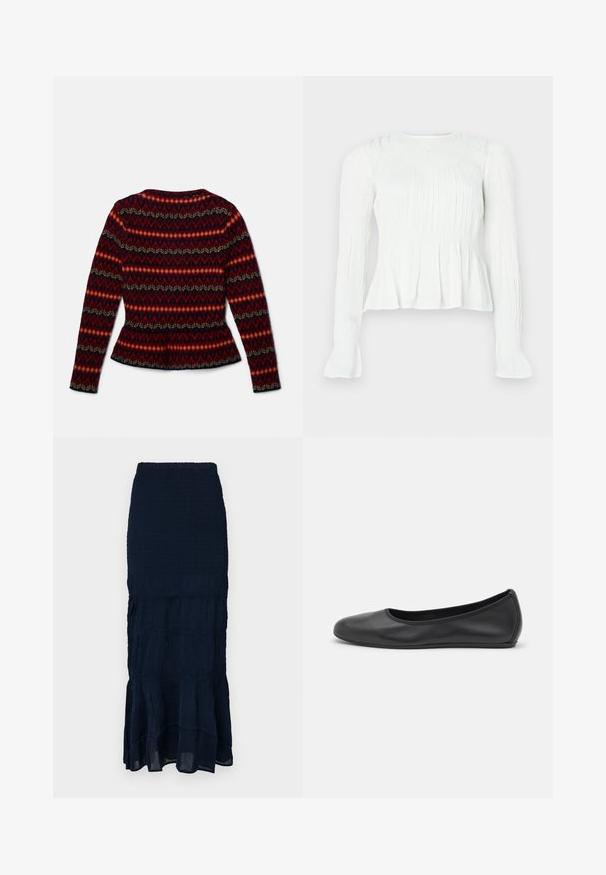 Maglione a maniche lunghe con peplum, in un motivo geometrico rosso, nero e crema. Realizzato in tessuto morbido, con scollatura rotonda e silhouette aderente.; Blusa bianca a maniche lunghe con dettagli in tessuto raccolto, corpino arricciato e polsini svasati su uno sfondo neutro.; Gonna midi blu navy arricciata con orlo a balze a più strati e tessuto strutturato. Vita elasticizzata per una vestibilità regolabile.; Pantofole da balletto nere in pelle con punta arrotondata, texture liscia, dettagli di cucitura minimi e design con suola flessibile.
