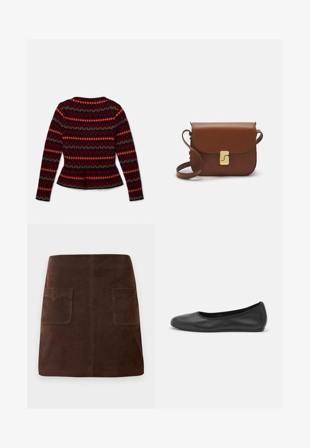 Langärmelig, peplum trui met een geometrisch patroon in rood, zwart en roomkleur. Gemaakt van zacht materiaal met een ronde halslijn en een aansluitende pasvorm.; Bruin suède rok met een klassieke A-lijn vorm, twee voorzakken met ronde kleppen en subtiele stikdetails.; Zwarte leren ballerina met een ronde neus, gladde textuur, minimale stikdetails en een flexibele zoolontwerp.; Bruine leren handtas met een klep sluiting, gouden hardware, een schouderband en een gladde textuur. Compact rechthoekige vorm.