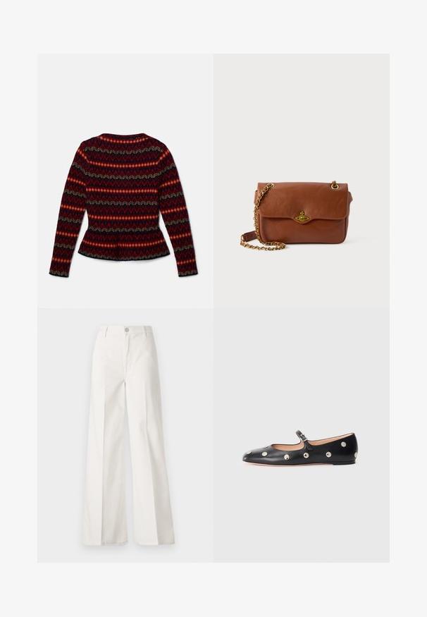 Long-sleeve, peplum sweater with a red, black, and cream geometric pattern. Made of soft fabric with a round neckline and fitted silhouette.; White wide-leg trousers made from cotton with a smooth texture. Features a front button, zipper fly, and four-pocket design.; Black leather Mary Jane flat shoe with a rounded toe, featuring silver circular studs and an adjustable strap with a buckle.; Brown leather crossbody bag with a flap closure, gold hardware, and a chain strap. Smooth texture, rectangular shape, minimal detailing.