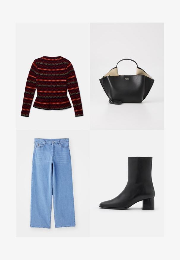 Hosszú ujjú, peplum stílusú pulóver piros, fekete és krém színű geometrikus mintával. Puha anyagból készült, kerek nyakkivágással és testhez simuló fazonnal.; Világoskék, bő szárú farmernadrág, klasszikus öt zsebes kialakítással és gombos felső záródással. Sima textúra, szétszedett szegély.; Fekete bőr bokacsizma hegyes orral és vastag, négyzet alakú sarokkal. Simább felület, mondanivaló nélküli dizájn és minimalista varrás.; Ree Projects ANN TOTE MINI - Kézitáska - black; Ezüst gyöngy fülbevalók, ívelt, bab forma. Simább, fényes felület és rögzített kapocs és hátlap.