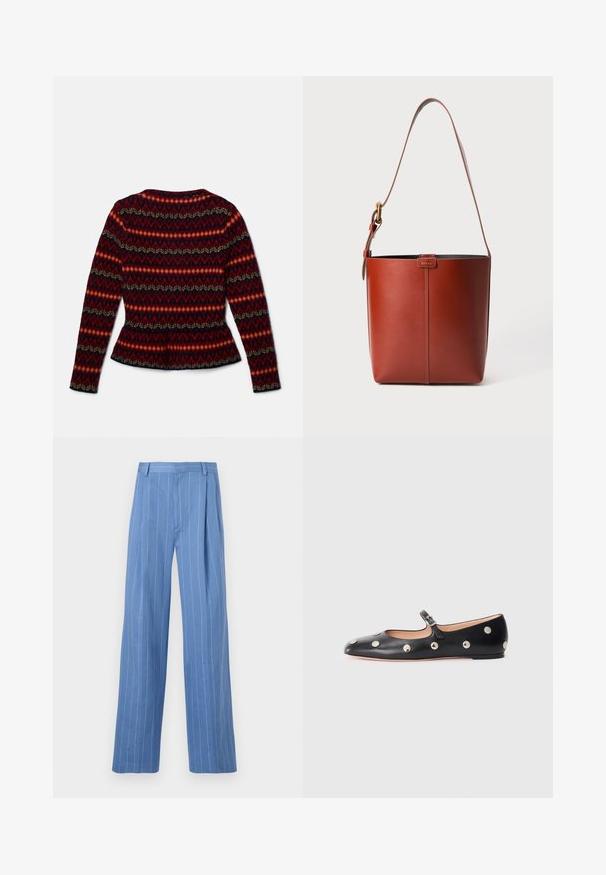 Sweter z długim rękawem i peplum w geometryczny wzór w czerwono-czarny i kremowy. Wykonany z miękkiej tkaniny, z okrągłym dekoltem i dopasowanym krojem.; Jasnoniebieskie spodnie o szerokich nogawkach z pionowymi białymi paskami. Wykonane z gładkiego materiału, z przodem z zakładkami i prostą talią.; Czarne skórzane buty typu Mary Jane na płaskim obcasie z zaokrąglonym czubkiem, ozdobione srebrnymi okrągłymi ćwiekami oraz regulowanym paskiem z klamrą.; Brązowa skórzana torebka w kształcie wiadra z regulowanym paskiem na ramię i złotą klamrą, prosta pionowa szew na przodzie.