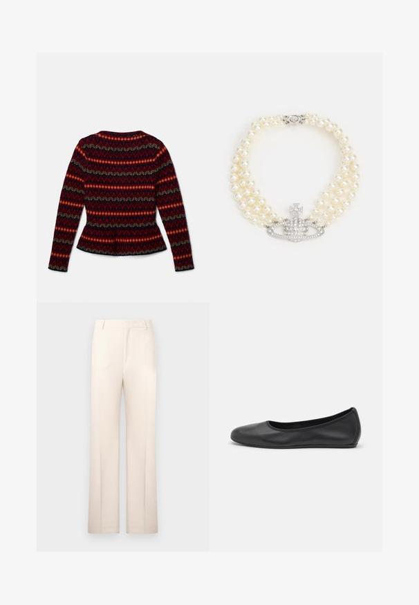 Pitkähihaisessa peplum-neuleessa on punainen, musta ja kerma-valkoinen geometrinen kuvio. Valmistettu pehmeästä kankaasta, jossa on pyöreä pääntie ja muotoileva siluetti.; Beige housut, joissa on suora lahjemalli, valmistettu kevyestä kankaasta. Ominaisuuksina etupleatit ja klassinen vyötärönauha.; Musta nahkainen ballerina, jossa on pyöristetty kärki, sileä pinta, minimaalinen ommelkoristelu ja joustava pohjamuotoilu.; Vivienne Westwood THREE ROW RELIEF CHOKER - Kaulakoru - silver-coloured/white