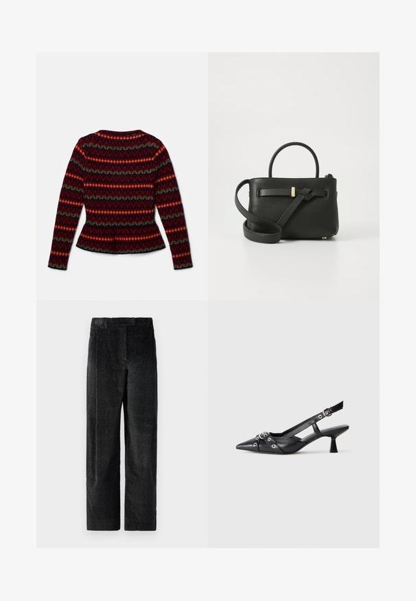 Suéter de manga larga tipo peplum con un patrón geométrico en rojo, negro y crema. Fabricado con una tela suave, tiene un escote redondo y una silueta entallada.; Pantalones de pierna ancha texturizados en negro con un tejido pronunciado, que presentan pliegues frontales y una cinturilla plana. Diseño clásico para versatilidad.; Zapato de slingback negro de piel con punta afilada, correas decorativas con ojales de metal y un tacón bajo y ancho. Superficie texturizada.; Bolso de mano de cuero negro con un acabado texturizado, asas superiores y una correa larga ajustable. Presenta un acento de hardware en tono dorado en la parte frontal.