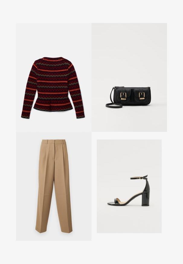 Langärmliger Peplum-Pullover mit einem geometrischen Muster in Rot, Schwarz und Creme. Aus weichem Stoff, mit rundem Ausschnitt und taillierter Silhouette.; Beige maßgeschneiderte Hose mit hoher Taille, gefaltetem Vorderteil und weitem Bein. Der Stoff wirkt glatt mit einem leichten Glanz.; Schwarze Lackleder-Sandalette mit weitem Absatz, offener Zehenpartie und Knöchelriemen mit goldener Schnalle. Glatte Textur und elegantes Design.; Schwarze Leder-Umhängetasche mit zwei vorderen Taschen, goldenen Schnallen, Reißverschluss und einem schmalen Tragegurt. Texturierte Oberfläche und kompakte rechteckige Form.