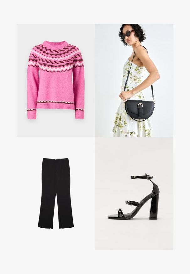 ONLY ONLISLE LIFE O NECK - Strickpullover - super pink/syrah/cloud dancer; Schwarze Hose mit geradem Schnitt, ausgestattet mit Fronttaschen und Seitenschlitzen am Saum. Hergestellt aus weichem, glattem Stoff. Geeignet für verschiedene Anlässe.; Schwarze patentierte Sandalen mit Absatz, quadratischer Spitze, Knöchelriemen und silbernen Schnallen. Mit einem stabilen Blockabsatz für mehr Stabilität.; Schwarze Lederhandtasche mit geschwungener Form, abnehmbarem Tragegurt und goldenen Beschlägen. Die Tasche verfügt über einen Deckel mit einer Schnallen-Details.