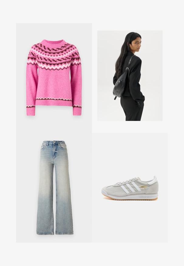 ONLY ONLISLE LIFE O NECK - Džemper - super pink/syrah/cloud dancer; Heledad sinine laia säärega teksapüksid, mis on valmistatud denimist, kõrge vöökoht, viis taskut ja nähtav õmblemine õmbluste ääres.; Heled hallid tossud, mis on valmistatud nubukist ja võrgust, millel on kolm valget triipu, ümmargune varvas ja kummist tald. Kuldne logoelement paelte lähedal.; Pikkade tumehaired naine mustas ülikonnas, kandes musta nahast õlakotti, vaatab üle õla valge tausta taustal.