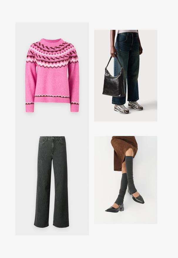 ONLY ONLISLE LIFE O NECK - Strickpullover - super pink/syrah/cloud dancer; Weite Jeans aus dunkelgrauem Denim, mit einer subtilen Zebra-Muster-Struktur, kontrastierenden Nähten und einem Fünf-Taschen-Design mit einem Knopfverschluss.; Schwarze lacklederne spitze Schuhe mit Blockabsatz und Knöchelriemen, kombiniert mit grauen gerippten Beinstulpen und einem braunen Wildlederrock.; Schwarze Leder-Schultertasche mit glatter Textur und verstellbarem Riemen, kombiniert mit ausgewaschenen weit geschnittenen Jeans und sportlichen Sneakern.