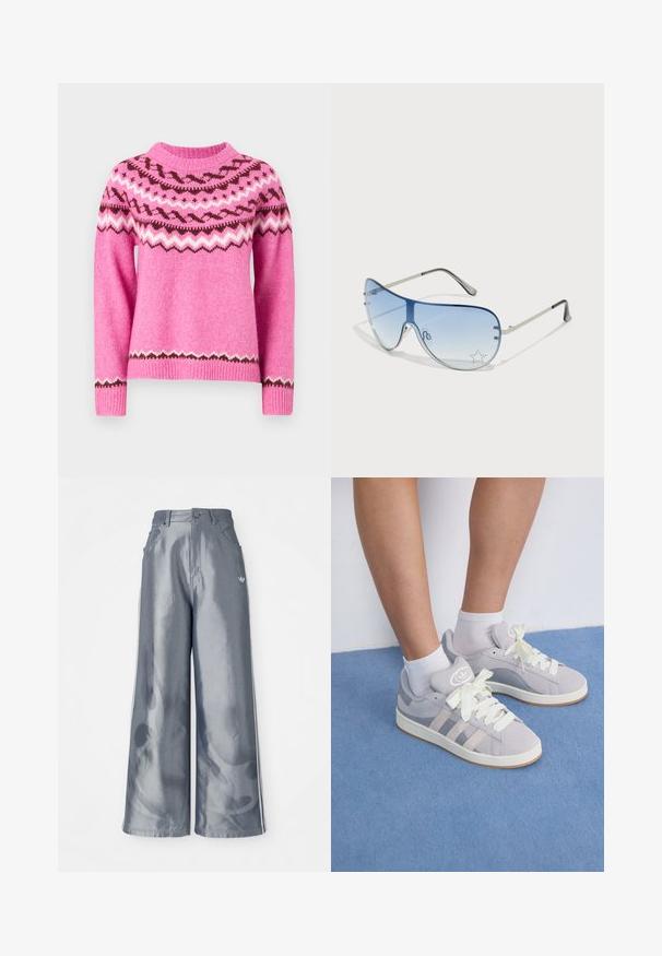 ONLY ONLISLE LIFE O NECK - Pulóver - super pink/syrah/cloud dancer; Fényes szürke anyagú, bőszárú nadrág, fehér oldalsávokkal és lángmintával az alsó lábakon. Gombos és cipzáras záródás a deréknál.; Szürke velúr sportcipők fehér fűzővel és gumi talppal, az oldalán három ferde csíkkal és a nyelvén logo folttal.; Pilóta napszemüveg, melynek áttetsző kék lencséje, ezüst fém kerete és díszes csillag díszítések találhatók a lencsén. Simogató és elegáns dizájn.