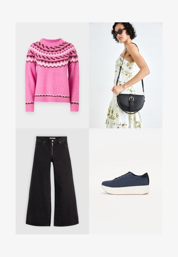 ONLY ONLISLE LIFE O NECK - Pulover - super pink/syrah/cloud dancer; Jeans cu picioare largi din denim negru, cu fermoar în față, design cu cinci buzunare și detalii subtile de cusătură. Textură netedă și stil casual.; Sneaker albastru închis, cu un material texturat pe partea superioară, talpă platformă albă, vârf rotunjit și accent de călcâi negru. Dispune de șase găuri pentru șireturi.; Geantă din piele neagră, cu o formă curbată, curea detașabilă și accesorii aurii. Geanta are un capac cu un detaliu tip cataramă.