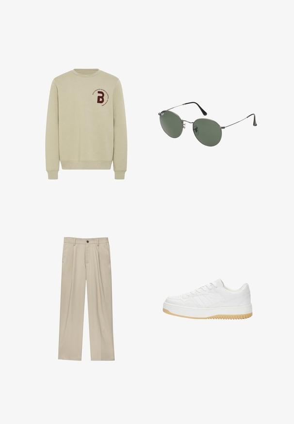 Béžová mikina s okrúhlym výstrihom, dlhými rukávmi a rebrovanými manžetami. Obsahuje vyšitý bordový písmenko 'B' a kruhový textový detail.; Béžové nohavice s rovný strihom, s jedným čiernym gombíkom, pútkami na opasok a bočnými vreckami. Hladká textúra látky a minimálny dizajn.; Biele kožené tenisky s textúrovaným povrchom, s gumovou podrážkou, šnurovacími detailami a subtilnými pruhmi na stranách.; Sunglass s metalovým rámom s oválnymi zelenými šošovkami. Tenký strieborný kovový rám a čierne štuple za uši. Minimalistický dizajn, bez viditeľných log.