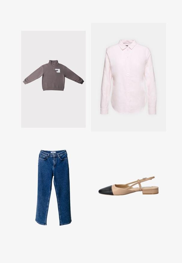 Brown long-sleeve pullover with a quarter zipper and white text "COLOURFUL REBEL" on the left chest.; Light pink long-sleeve shirt with a button-down collar, featuring a straight hem and soft texture, made from lightweight cotton fabric.; Blue denim wide-leg jeans with a high waist, featuring front pockets, contrasting stitching, and a relaxed fit.; Beige and black two-tone slingback shoe with a pointed toe, flat heel, and crisscross strap detail. Smooth leather texture.