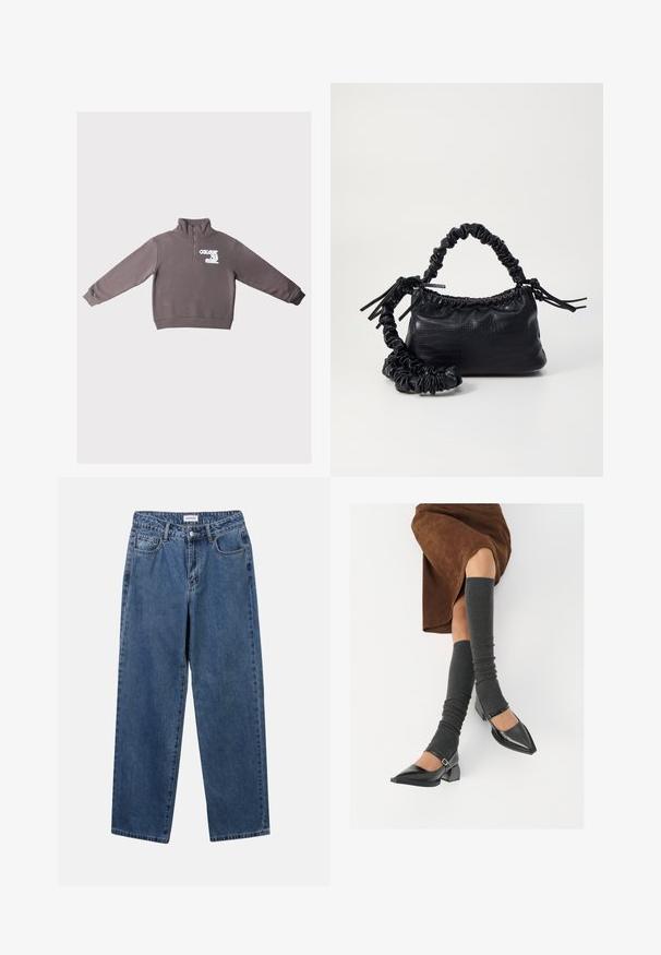 Brun långärmad tröja med kvartdragkedja och vit text "COLOURFUL REBEL" på vänster bröst.; Klassiska blå denimjeans med rak benform, fem fickor och knäppning. Har en medelblå tvättning och stadig textur.; Svarta lackläderskor med spetsig tå, blockklack och ankelrem, i kombination med grå ribbade benvärmare och en brun mockakjol.; Svart faux läderhandväska med krokodiltextur, snodd topp och en skrämd rem. Ser mjuk och kompakt ut i designen.