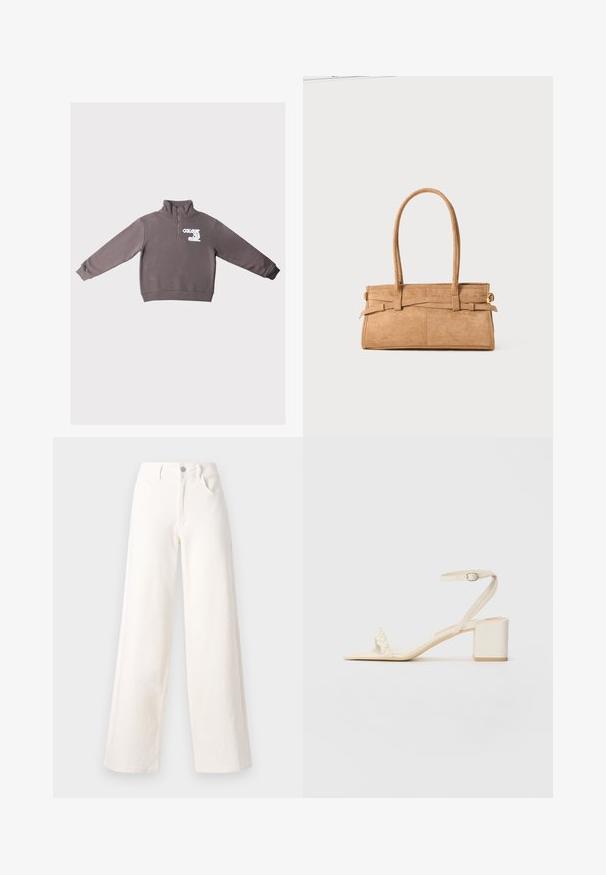 Pulover lung, de culoare maro, cu fermoar pe un sfert și text alb "COLOURFUL REBEL" pe pieptul stâng.; Jeans cu picior larg din denim alb murdar, cu închidere frontală cu un buton, două buzunare laterale și linii clare, fără embellishments.; Sandală bej cu toc bloc, realizată dintr-un material neted, având o brățară subțire la gleznă și o curea la vârf elegantă, decorată cu perle. Talpă plată.; Geantă din suede de culoare bej, cu două mânere lungi, formă rectangulară și cusături decorative. Dispune de o curea laterală și detalii subtile din aur.
