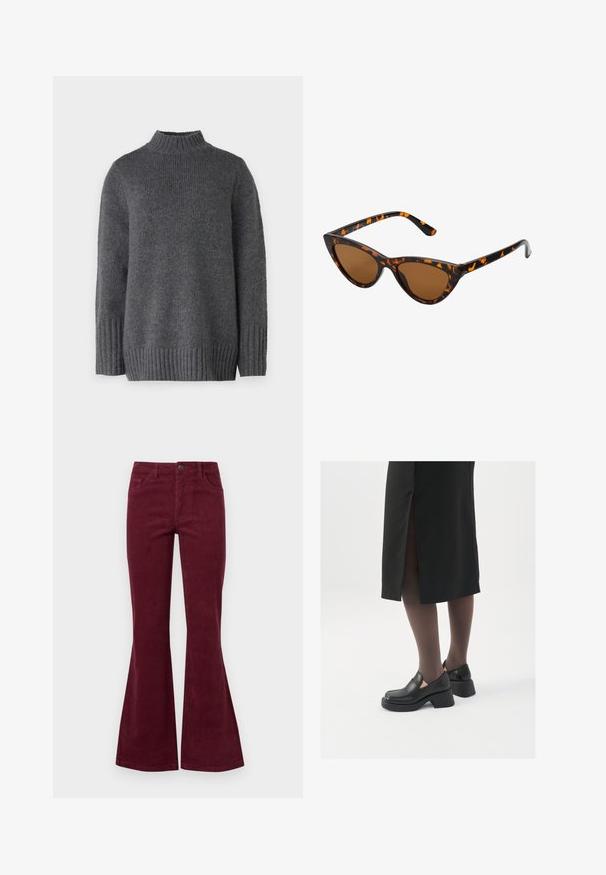 ONLY ONLAYA LIFE HIGH NECK - Džemperis - magnet; Burgundiškos aksominės platėjančios džinsai su penkiomis kišenėmis, priekiniais mygtukais ir tekstūruota medžiaga. Platėjimas prasideda nuo kelio iki apvado.; Juodos odinės bateliai su apvaliu nosiu, stora blokine pakulne ir elastingais šonais, derinami su tamsiomis pėdkelnėmis ir juoda sijonu su plyšiu.; Katės akies saulės akiniai su juodu ir oranžiniu šarvuotu rėmeliu, ruda objektyvu ir elegantiškais, smailiais galiukais. Rėmelyje yra minimalus logotipas ant šventės.