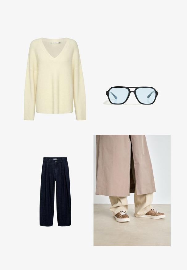 Pulover tricotat de culoare crem, cu decolteu în V, mâneci lungi și o croială lejeră. Are un model texturat și un material moale, gros.; Pantaloni largi din denim închis, cu pliseuri la talie, având un button frontal și pasaje pentru curea. Textură netedă și design pe întreaga lungime.; Palton bej peste pantaloni largi de un bej deschis. Pantofi sport maro cu un model texturat și șireturi albe. Podea netedă, minimalistă.; Ochelari de soare negri cu rame rectangulare, lentile cu nuanță albastră și un design distinctiv al punții. Finisaj elegant, textură subtilă.; Geantă din piele maro cu o formă rotunjită, accesorii din metal argintiu și cusături decorative. Are o curea de umăr și închidere cu clapetă.