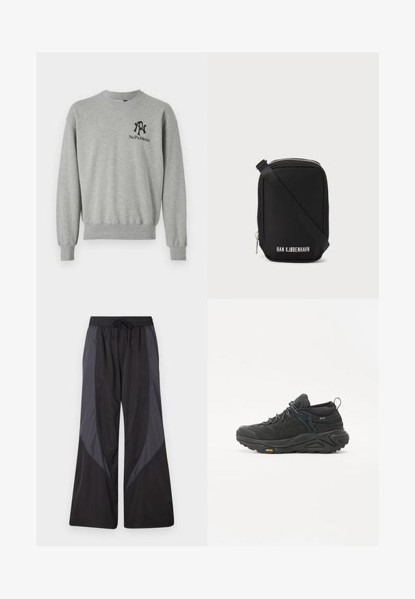 Szürke pulóver kerek nyakkivágással, bordás mandzsettákkal és szegéllyel. Fekete grafikákkal rendelkezik: egy "R" betű és "No Problemo" felirat a bal mellkas területén.; Han Kjøbenhavn PANELLED TRACK TROUSERS - Tréningruha alsók - anthracite black; Fekete túracipő textúrázott velúrból és hálós anyagból készült felsőrésszel, kiemelkedő gumitalppal és Vibram márkázással a talpon. Profil nézetben látható.; Fekete táska, téglalap alakú, sima anyagból készült. Jellemzője a felső cipzár, állítható pánt és a fehér felirat: "HAN KJØBENHAVN."