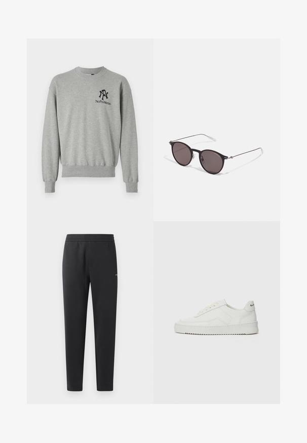 Grijze sweatshirt met een ronde hals, ribgebreide manchetten en onderrand. Heeft zwarte graphics: een "R" en "No Problemo" op de linkerkant van de borst.; Zwarte joggingsbroek gemaakt van zachte stof, met een elastische tailleband, rechte pijpen en een klein logo detail aan de zijkant.; Witte leren sneaker met een gladde afwerking, ronde neus, platte veters en een gestructureerde zool. Kenmerkt zich door een subtiel logo op de hiel.; Zwarte ronde zonnebril met donkere lenzen en slanke metalen armen. Inclusief heldere tempelpunten en zilveren accenten bij de scharnier. Minimalistisch ontwerp.
