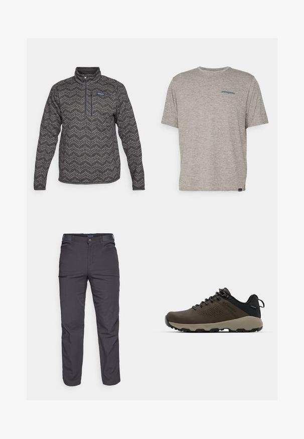 Patagonia Fleece-Pullover in Dunkelgrau mit Zickzackmuster, halber Reißverschluss vorne, hohem Kragen und Brusttasche. Strukturierter Stoff mit kontrastierendem Saum.; Graues T-Shirt mit kurzen Ärmeln, aus weichem, strukturiertem Stoff, mit einem kleinen blauen Patagonia-Logo auf der linken Brust. Keine zusätzlichen Muster.; Dunkelgraue Hose aus strapazierfähigem Material, mit einer Reißverschlusstasche, geradem Schnitt und Gürtelschlaufen für eine verstellbare Passform.; Braune wasserdichte Sneakers mit einer strukturierten Oberseite, perforierten Akzenten, schwarzem Fersenschutz und einer grauen Gummisohle. Die Schnürsenkel sind mit metallischen Enden gestaltet.