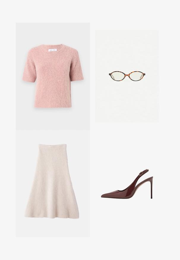 Samsøe Samsøe JEANNE różowy; Jasno beżowa spódnica w kształcie litery A, wykonana z miękkiego, teksturowanego materiału, z gładkim pasem w talii i lejącą sylwetką.; Ciemnobrązowe lakierowane skórzane czółenka na wysokim obcasie z zasuwanym paskiem na kostce oraz smukłym obcasem typu stiletto.; Okulary w kolorze tortoiseshell z owalnymi soczewkami i gładkim, eleganckim wykończeniem. Posiadają cienkie boki z delikatnym łukiem w okolicy skroni. Przezroczyste soczewki.