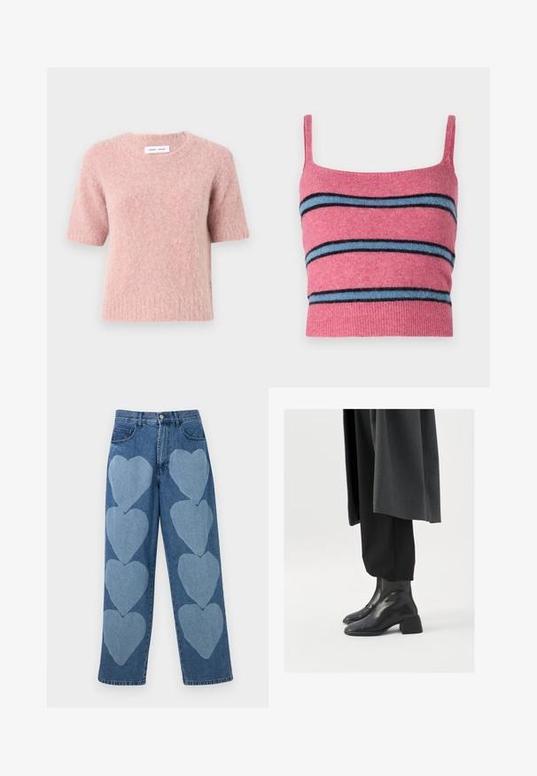 Samsøe Samsøe JEANNE - Jumper - woodrose; Samsøe Samsøe NOURA - Top - rose wine; Denim jeans with a relaxed fit, featuring applied light blue heart patterns on the front, five pockets, and a button closure.; Black leather ankle boots with a square toe and chunky heel, worn with loose black trousers and a dark gray coat. Smooth surface texture.