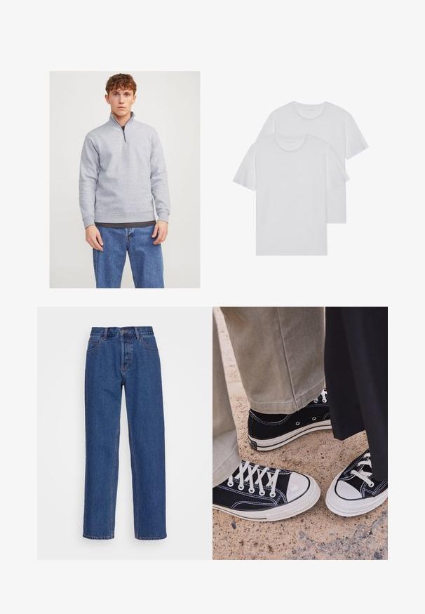 Sudadera gris con cremallera media en el cuello, hecha de un tejido suave. Cuenta con puños y dobladillo acanalados, llevada sobre una camiseta oscura y jeans azules.; Dos camisetas de algodón blancas con cuello redondo, mangas cortas y una textura suave. Ambas tienen un color sólido y no presentan patrones ni elementos metálicos visibles.; Jeans de denim azul con un diseño clásico de pierna recta, que presentan una cintura alta, cordones para cinturón y sutiles detalles de costura.; Zapatillas de lona negras con punteras y cordones de goma blanca. Las costuras en contraste y los ojales de metal añaden detalle. Llevadas con pantalones beige y tela negra.