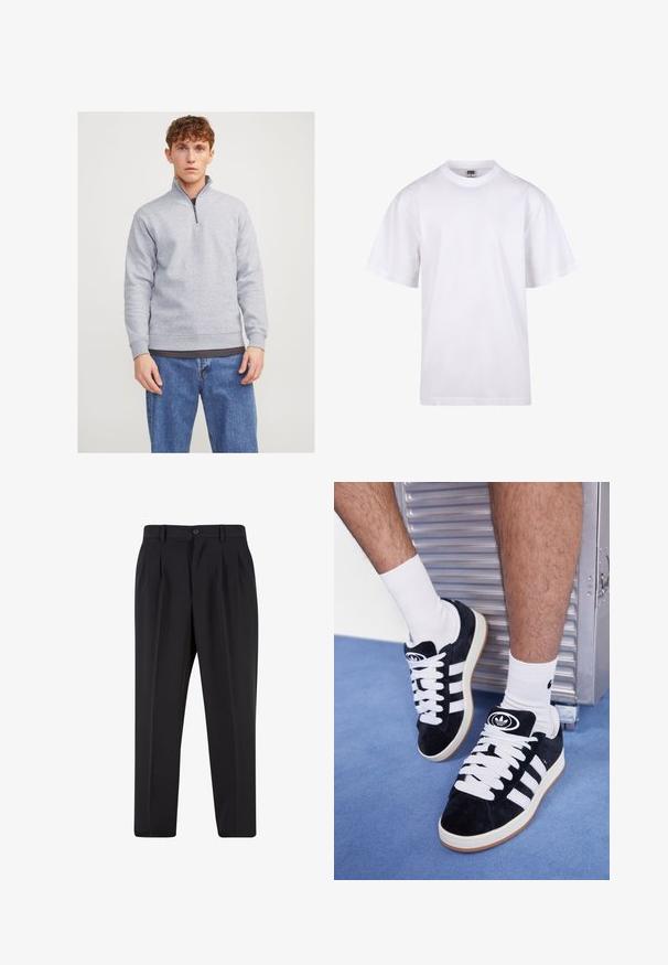 Grijze sweatshirt met een half-rits kraag, gemaakt van zacht materiaal. Kenmerkt geribbelde manchetten en zoom, gedragen over een donker T-shirt en blauwe spijkerbroek.; Witte katoenen t-shirt met een ronde hals, korte mouwen en een relaxte pasvorm. Heeft een eenvoudig ontwerp zonder patronen of accenten.; Zwarte broek met een geplooid design aan de voorkant, gemaakt van soepel stof. Voorzien van een knoopsluiting en riemlussen; rechte pasvorm.; Zwarte suède sneakers met witte veters en drie witte strepen. Heeft een cirkelvormig zwart logo op de tong en een gumrubberen zool.