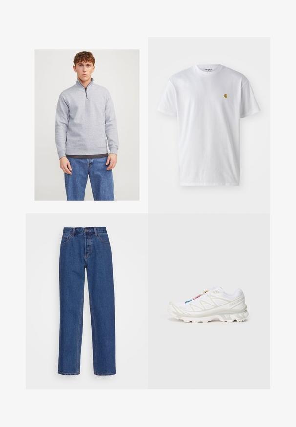 Felpa grigia con collo a mezza zip, realizzata in tessuto morbido. Presenta polsini e orlo a costine, indossata sopra una maglietta scura e jeans blu.; T-shirt bianco in cotone con maniche corte, con colletto girocollo, caratterizzato da un piccolo logo dorato sulla parte sinistra del petto. Tessuto morbido e vestibilità regolare.; Jeans in denim blu con un design classico a gamba dritta, caratterizzati da una vita alta, passanti per cintura e dettagli di cucitura discreti.; Scarpa da ginnastica bianca con tomaia in rete testurizzata, dettagli riflettenti e suola ammortizzata. Logo del marchio ben visibile sul lato.
