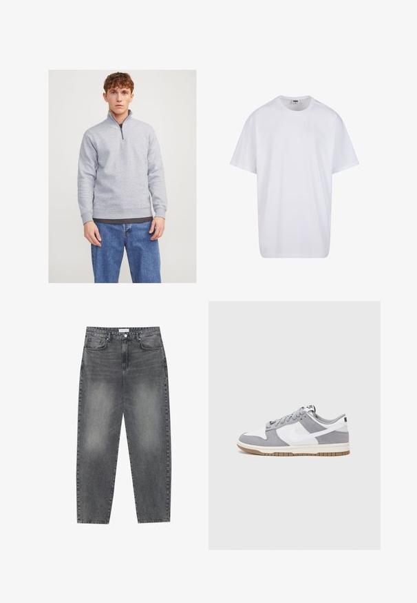 Grå hettegenser med halv-zip krage, laget av mykt stoff. Har ribbede mansjetter og nedre kant, brukt over en mørk t-skjorte og blå jeans.; Hvit bomull t-skjorte med korte ermer, rund utringning, avslappet passform, og ingen synlige logoer eller mønstre. Glatt tekstur og minimalistisk design.; Høyt liv, løstsittende jeans i falmet svart denim. Har fem lommer, beltehemper og et rent, rett ben-design.; Grå og hvite sneakers med overdel i semsket skinn og lær, rund tå, flate lisser, og gummisåle med gummibelegg.