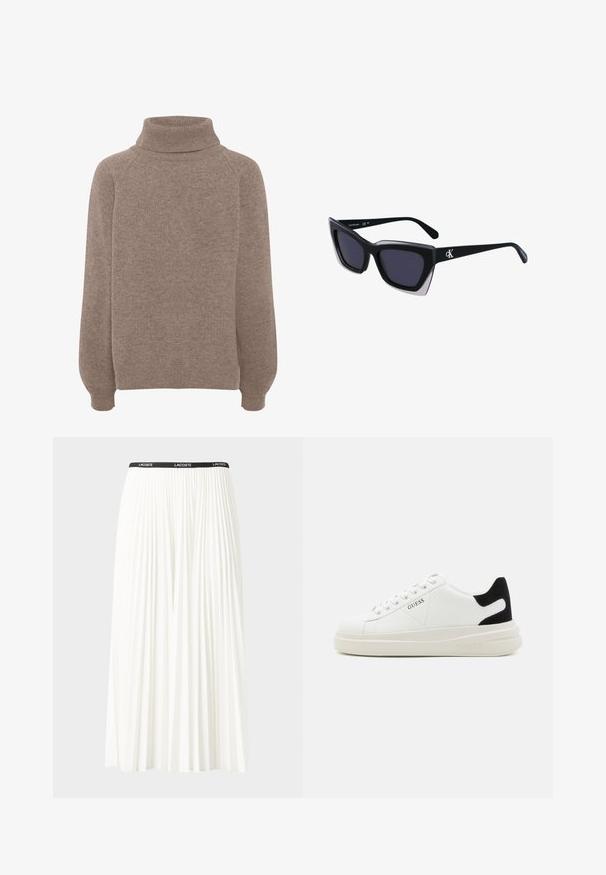 Barna kötött pulóver magas garbóval, raglánujjakkal és bordás mandzsettával. Puha tapintású, laza szabású. Nincsenek látható minták vagy díszítések.; Plisszírozott fehér szoknya fekete elasztikus derékkal, amelyen a "LACOSTE" logó található. Középhosszú kialakítás, puha tapintással.; Fehér bőr sportcipők vastag fehér talppal, fekete velúr sarokpikkelyel és dombornyomott logóval az oldalon. Fűzős kialakítás, hat fűzőlyukkal.; Fekete, nagyméretű napszemüveg geometrikus formával, sötét lencsékkel és kontrasztos szürke részlettel a kereten. Logó a szárán.