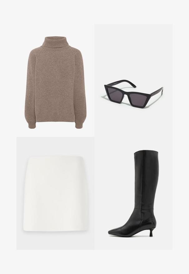 Rudas megztinis su aukštu šaliku, raglaninės rankovės ir pliušinis apdaila. Minkšta tekstūra ir laisvas kirpimas. Nėra matomų raštų ar akcentų.; Balta, prigludusi mini sijonas su lygiu paviršiumi ir švariomis linijomis. Be matomų raštų ar detalių. Tiesus kraštas apačioje.; Zign Batai - black; Juodos, kampuotos saulės akinios su pilkais stiklais; pagaminti iš plastiko, su storomis šakėmis, turinčiomis lygų paviršių ir be matomų detalių.; Juodas zomšos sankabos krepšys su užtrauktuku ir nuimamu riešo dirželiu. Krepšys turi auksinės spalvos detales ir lygią, matinę tekstūrą.