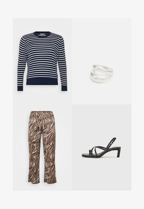 Tamsiai mėlynas megztinis su baltomis horizontaliomis juostelėmis. Yra apvalia iškirpte, megztos rankogaliai ir apatinė dalis. Pagamintas iš tekstūruoto megzto audinio.; Rudos ir kreminius zebro rašto kelnes su elastingu juosmeniu, plačiomis kojomis ir lygiu audinio paviršiumi.; Juodi šlepetės su kvadratiniu pirštu ir žemu bloku kulnu. Yra keli ploni dirželiai ir reguliuojamas kulkšnies diržas. Pagaminti iš lygios odos.; Sidabrinis dvigubas žiedas su lygiu, poliruotu paviršiumi. Pasižymi sklandžiu, kreiptu dizainu su persipinančiomis dalimis, suteikiančiomis modernų išvaizdą.