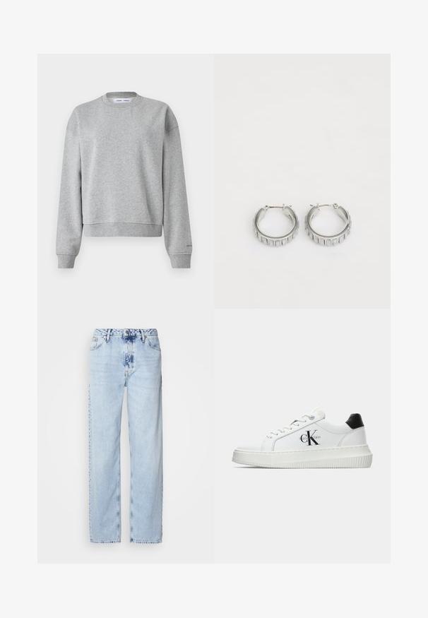Grå sweatshirt med rund halsudskæring, lange ærmer og et let cropped design. Fremstillet af blødt stof med ribbede manchetter og kant.; Lyseblå brede jeans lavet af denim, med høj talje, falmet vask og subtil tie-dye mønster langs fronten.; Hvide lavtoppede sneakers med sort hælkænke, platformssål, snørebånd og Calvin Klein "CK" logo på siden.; Sølv hoop øreringe med et struktureret design, der har lodrette riller. Cirkelformede med en sikker lås. Glat finish.