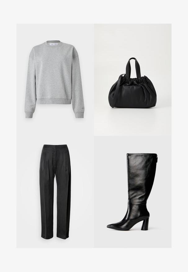 Grauer Sweatshirt mit rundem Halsausschnitt, langen Ärmeln und einem leicht verkürzten Design. Aus weichem Stoff mit gerippten Bündchen und Saum.; Schwarze Hosen mit weitem Bein aus glattem Stoff, mit vorderen Falten, einem Reißverschluss und einem klassischen Bunddesign.; Knöchelhohe schwarze Lederstiefel mit einer spitzen Zehe, glatter Oberfläche und einem klobigen Absatz. Verfügt über einen Reißverschluss hinten.; Schwarze Lederhandtasche mit einem gerafften Oberteil, ausgestattet mit zwei kurzen Griffen und einem langen verstellbaren Schulterriemen. Glatte Textur, runde Form.