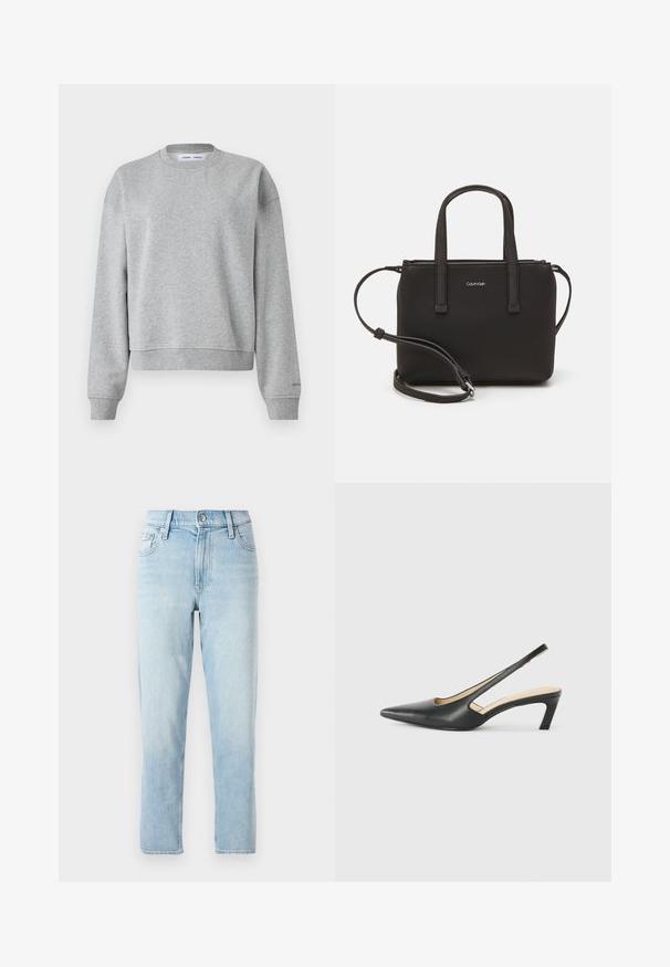 Gray sweatshirt with a round neckline, long sleeves, and a slightly cropped design. Made of soft fabric with ribbed cuffs and hem.; Light blue denim jeans, straight-leg design, mid-rise waist, with five-pocket styling and a button closure at the front.; Black pointy-toed slingback shoe with a low heel, featuring smooth leather material and cut-out design on the side for breathability.; Black handbag with dual short handles and a removable shoulder strap. Smooth leather-like material with a zip closure and logo detail.