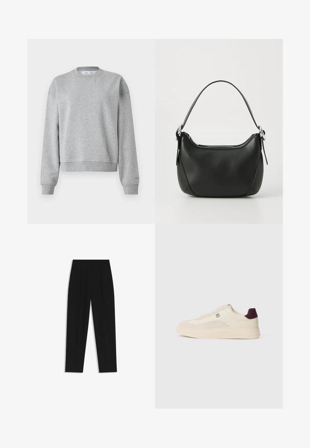 Grijze sweatshirt met een ronde hals, lange mouwen en een iets cropped ontwerp. Gemaakt van zachte stof met ribgebreide boorden en zoom.; Zwarte broeken met een rechte pasvorm, voorzien van dubbele plooien, een zachte textuur en een klassiek taillebandontwerp. Geen zichtbare hardware of accenten.; Crème leren sneakers met een gestructureerde beige neus en een bordeauxrood accent op de hak. Voorzien van platte veters en subtiele logo-details.; Zwarte leren handtas met een gebogen vorm, zilveren rits en een korte handgreep. Bevat een subtiel logo aan de voorkant en een gladde textuur.