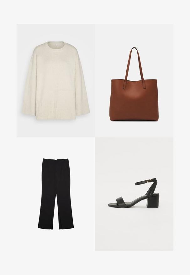 Light beige sweater made of soft knit fabric, with a round neckline, dropped shoulders, and ribbed accents at the hem and sleeves.; Black trousers with a straight fit, featuring front pockets and side slits at the hem. Made of soft, smooth fabric. Suitable for various occasions.; Black heeled sandal featuring a smooth leather upper, an open toe, wide front straps, and adjustable ankle strap with a gold buckle detail.; Brown leather tote bag with a smooth texture, open top design, and two shoulder straps. Features minimal stitching and no visible hardware.