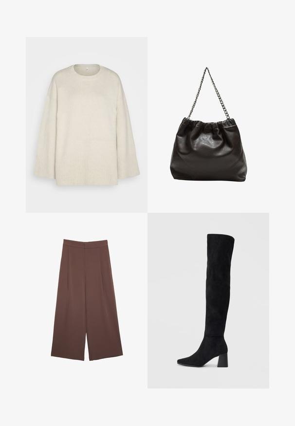 Svetlo bež pulover iz mehkega pletenega materiala, z okroglo izjemo, spuščenimi rameni in rebrastimi detajli na robu in rokavih.; Rjave široke hlače z gladko teksturo, ki imajo visok pas in sprednje naborke. Tkanina je lahka in prosto pada.; Črne semiš škornje do kolen z blok peto, s koničastim nosom in gladkim, brezšivnim dizajnom na enostavni svetli podlagi.; Rjava usnjena torba z nabranim vrhom in verižnim trakom. Gladka tekstura z sijajno površino in subtilnimi šivi na straneh.