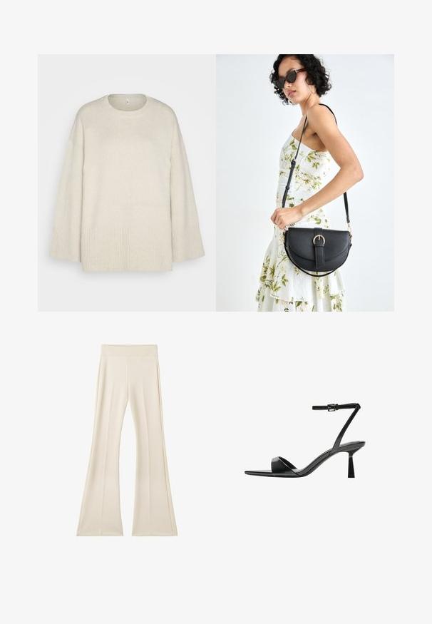 Helle beigefarbene Strickjacke aus weichem Strickmaterial, mit runder Ausschnittform, überschnittenen Schultern und Rippdetails am Saum und an den Ärmeln.; Weite Hose in hellem Beige, aus einem glatten, dehnbaren Stoff, mit einem breiten Bund und dezenten vertikalen Nähten.; Bershka High Heel Sandalette - black; Schwarze Lederhandtasche mit geschwungener Form, abnehmbarem Tragegurt und goldenen Beschlägen. Die Tasche verfügt über einen Deckel mit einer Schnallen-Details.