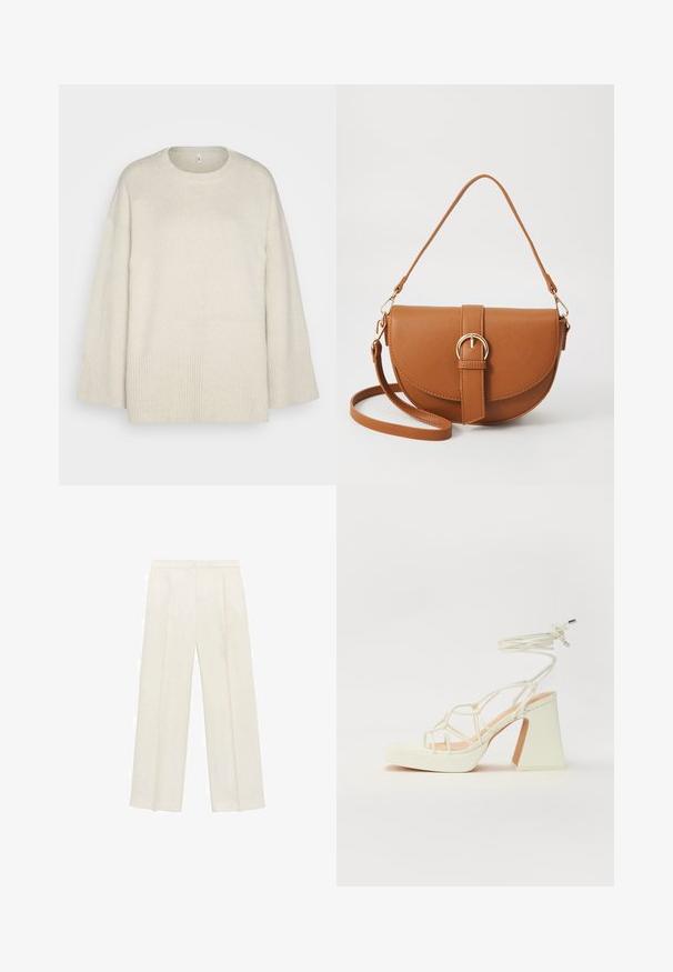 Svetlo bež pulover iz mehkega pletenega materiala, z okroglo izjemo, spuščenimi rameni in rebrastimi detajli na robu in rokavih.; Hlače širokih nogavic v svetli kremni barvi. Narejene iz gladkega materiala s plitkimi naborki spredaj in stranskimi žepi.; Bela sandala na visokih petah s debelim petam, ki ima obliko trakcev in vezanje okoli gležnja. Gladka tekstura z platformo spredaj za dodatno višino.; Rjava usnjena torbica prek telesa s ukrivljeno obliko, zlate opreme in sponko. Ima odstranljiv naramni trak.