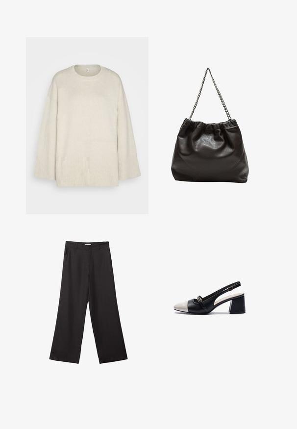 Light beige sweater made of soft knit fabric, with a round neckline, dropped shoulders, and ribbed accents at the hem and sleeves.; Black wide-leg trousers made of smooth fabric, featuring a front zipper and two side pockets, with a tailored fit and minimalistic design.; Slingback shoe with a black leather upper, white patent leather toe cap, 2.5-inch block heel, and adjustable ankle strap.; Brown leather bag with a gathered top and a chain strap. Smooth texture with a glossy finish and subtle seam detailing on the sides.