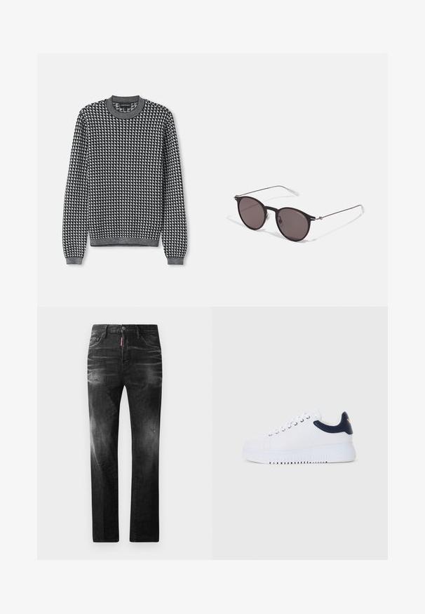 Sweater preto e branco com padrão, gola redonda, mangas longas e punhos canelados. A textura parece ser de malha com um design geométrico.; T-shirt de algodão preta com gola redonda, mangas curtas e o logo "EMPORIO ARMANI" em branco acima de "Milano" num design curvo.; Jeans de denim preto com um corte reto. Apresentam áreas desbotadas, ligeira degradação, design clássico de cinco bolsos e um fecho de botão.; Ténis brancos com pormenores em azul-marinho, apresentando uma textura suave, biqueira redonda e sola elevada, detalhados com um logo de lado.; Óculos de sol redondos pretos com lentes escuras e hastes metálicas finas. Inclui pontas de templo transparentes e detalhes em prata na dobradiça. Design minimalista.